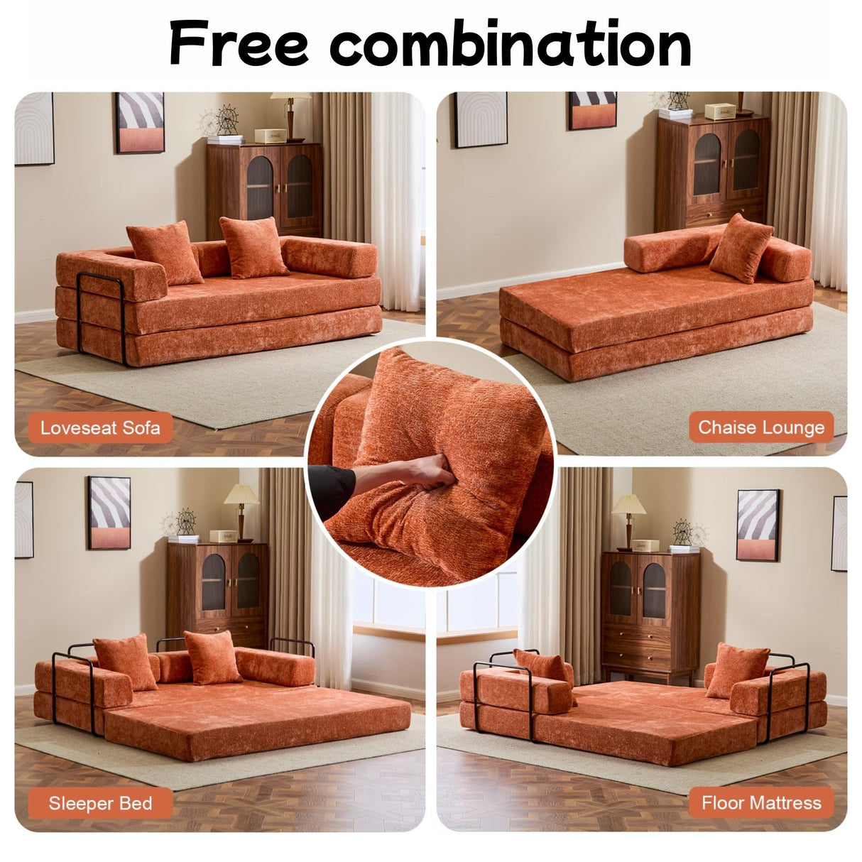 Trygoal Convertible Floor Sofa Bed, Foldable Mattress Cloud Couch with Pillow Back & Armrest, Chenille Sleeper Sofa Bed with Fixed-Shape Frame, Compressed Couch for Living Room Bedroom, Orange Trygoal