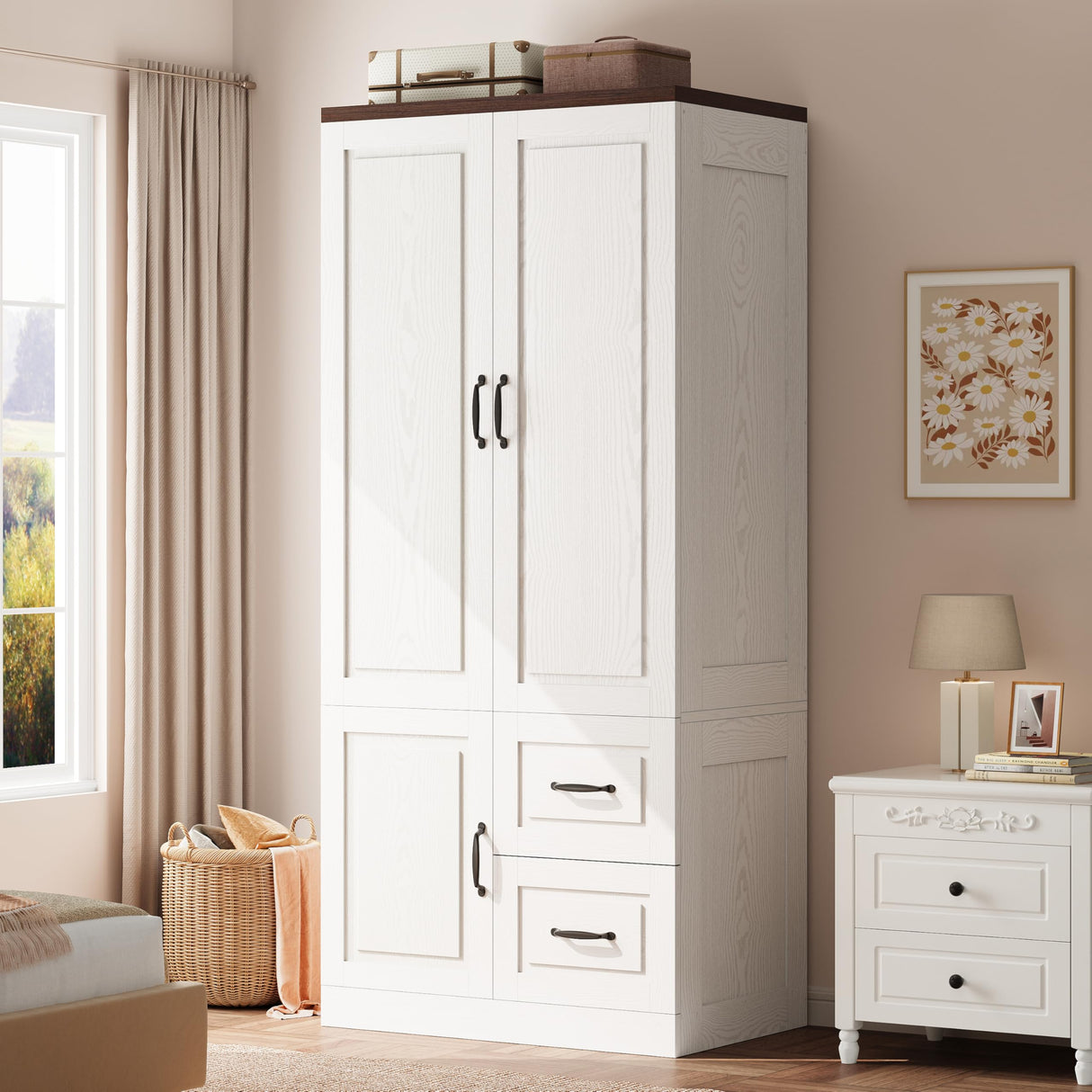 ModernMate Armoire Wardrobe Closet, 71 Inches Tall Wooden Modern Bedroom Armoires with 3 Doors and 2 Drawers, Freestanding Wardrobe Combination Clothing Cabinet with Hanging Rod, White ModernMate