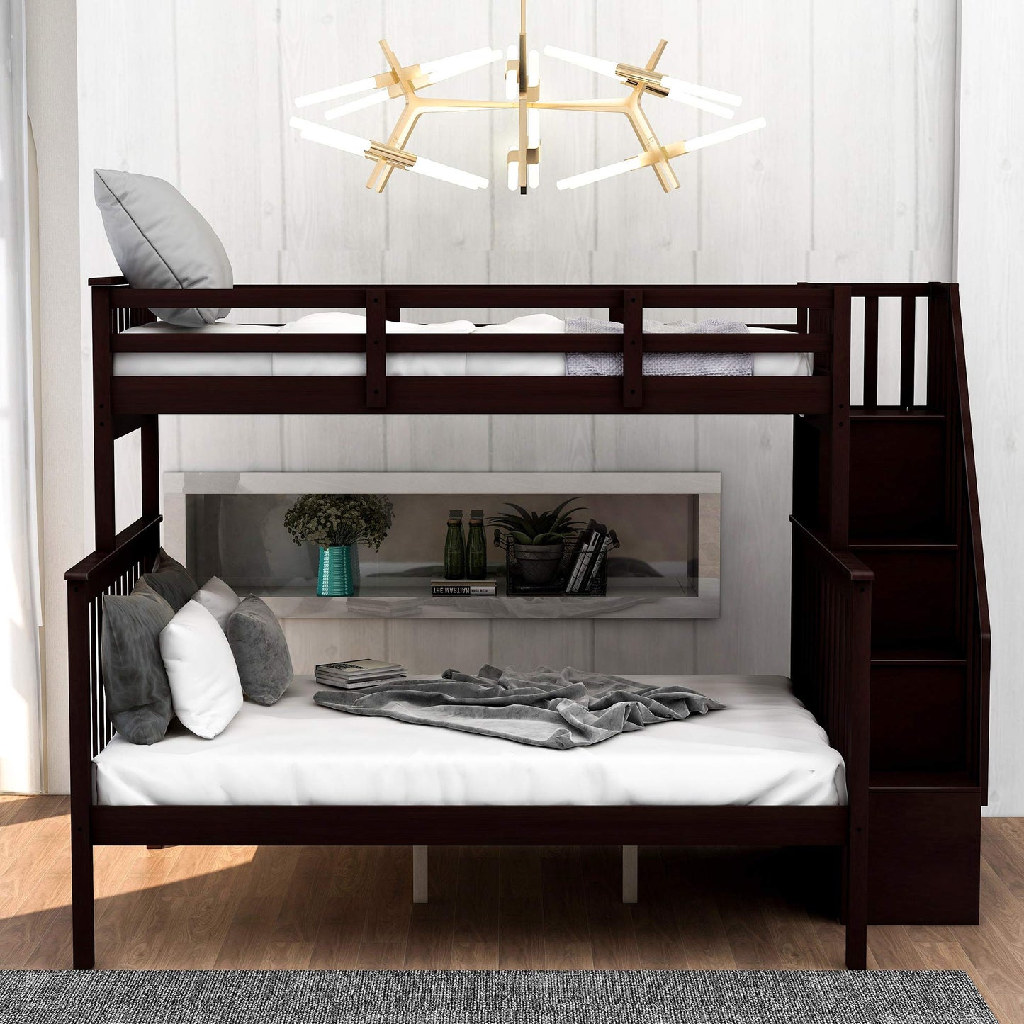 Solid Wood Twin Over Full Bunk Bed with Stairs and Storage Shelves in Espresso by Harper & Bright Designs - WoodArtSupply