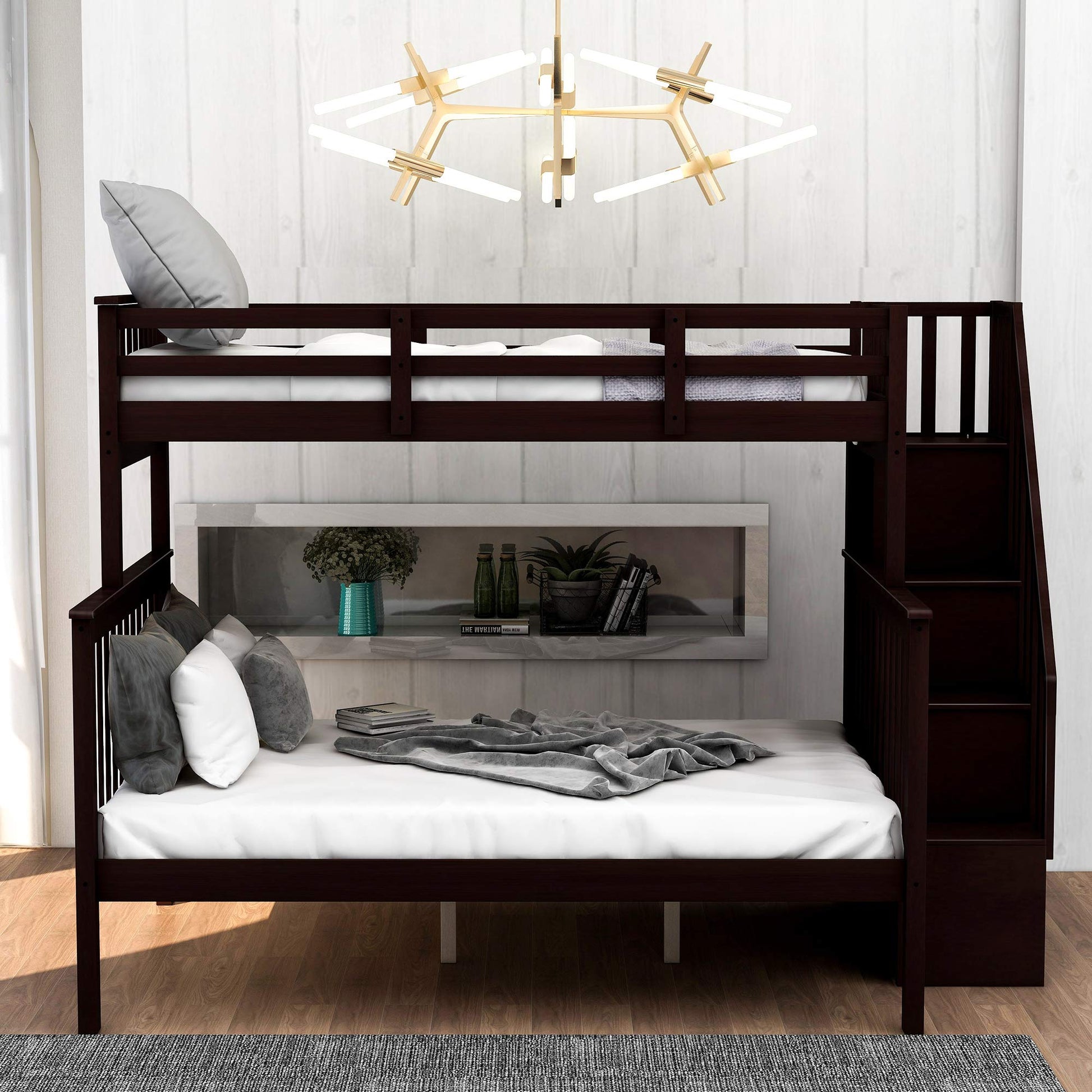 Solid Wood Twin Over Full Bunk Bed with Stairs and Storage Shelves in Espresso by Harper & Bright Designs - WoodArtSupply