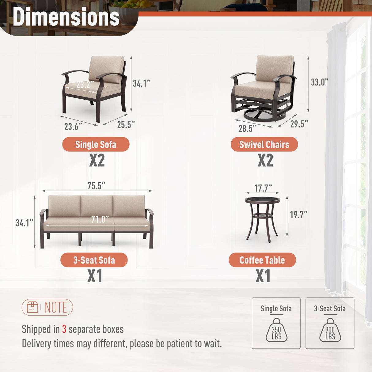 Kurapika Aluminum Patio Furniture Set 7-Seat Modern Metal Outdoor Conversation Sets w/Swivel Rocking Chairs Patio Sectional Sofa w/5.1 Inch Cushion, Sand Kurapika