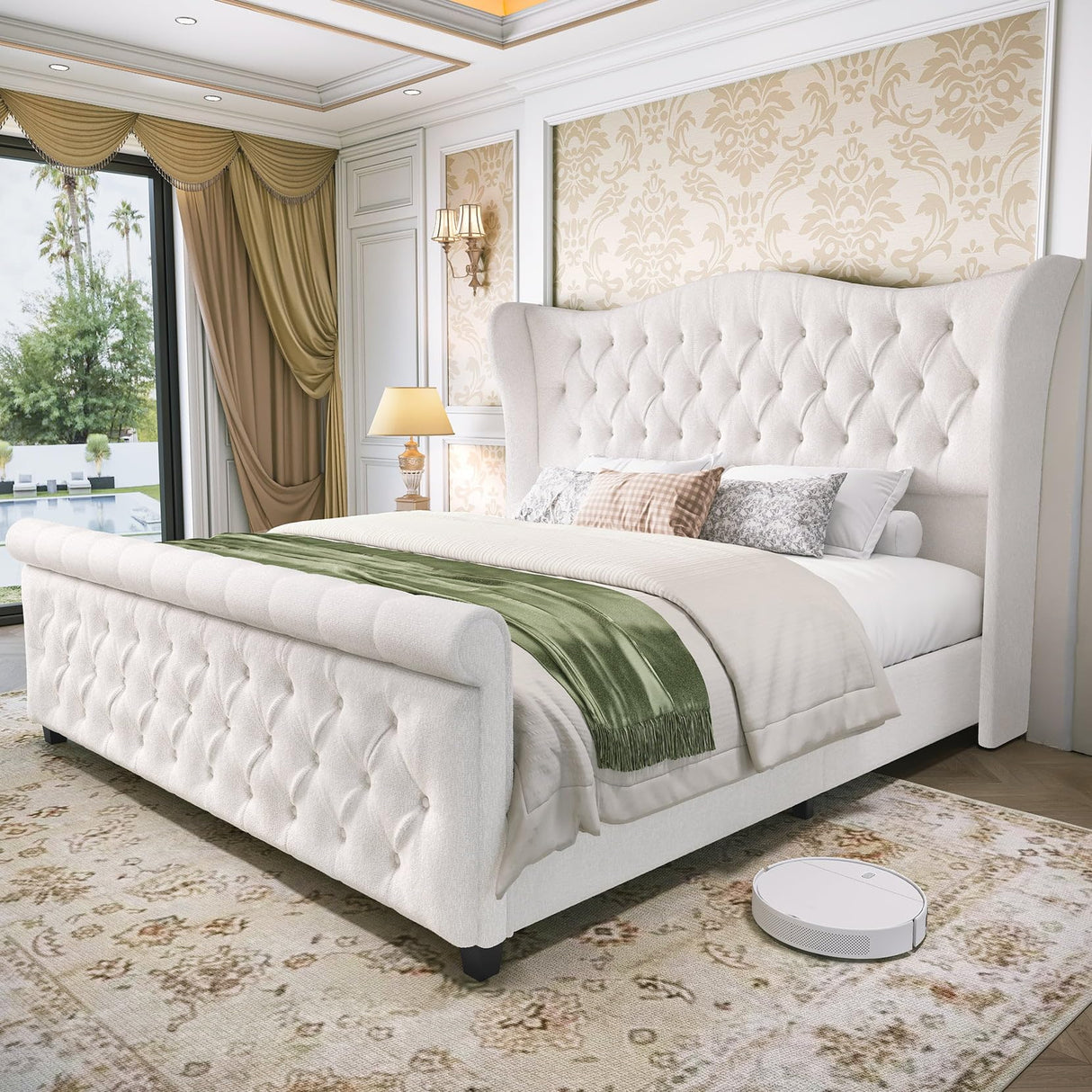 Luxury Queen Size Sleigh Bed Frame with Upholstered Headboard & Footboard,Tufted Chenille Fabric,Sturdy Wood Slat Support,Classic Wingback Design,Cream koorlian