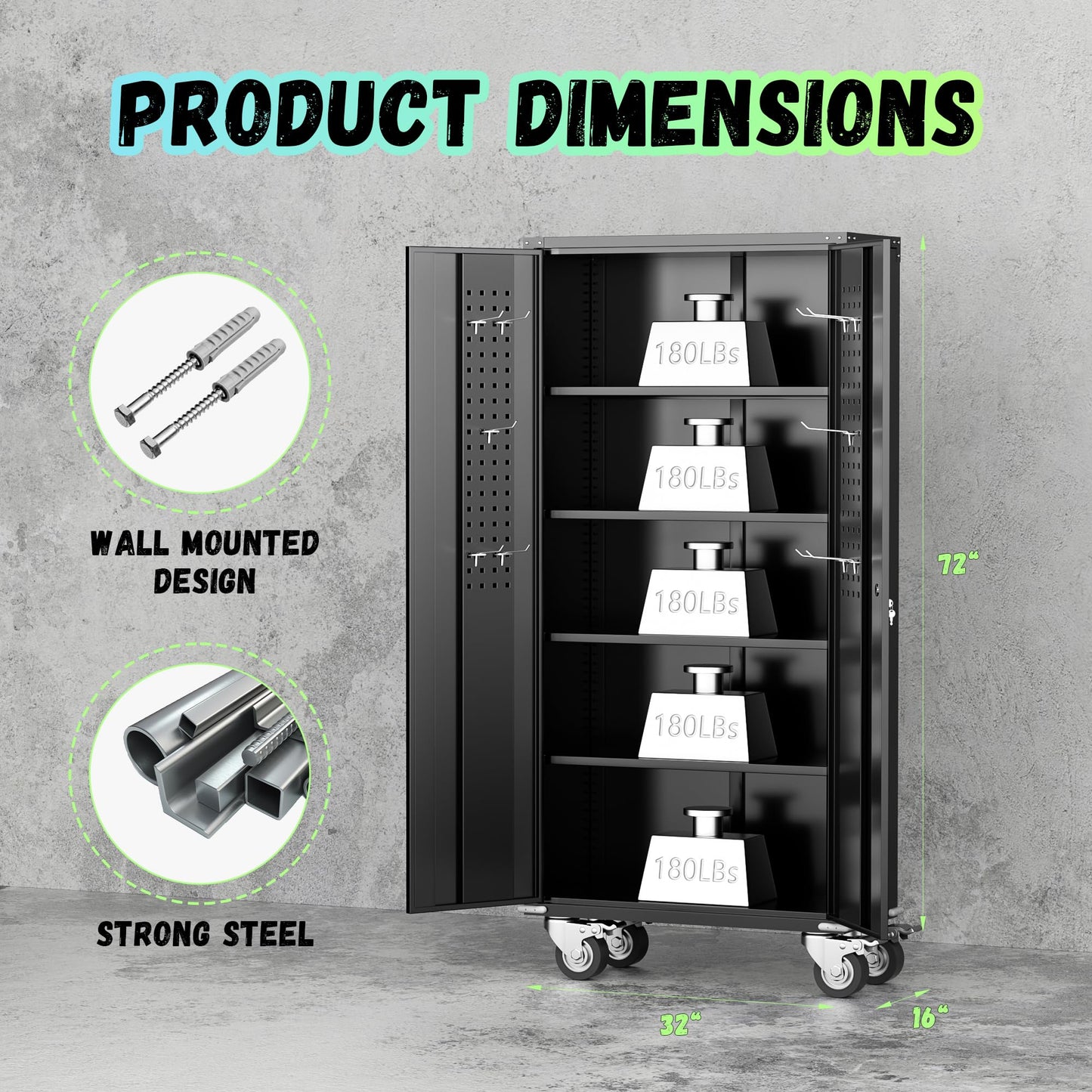 Bonusall Mental Tool Garage Storage Cabinets with Wheels, 72" H Locking Cabinet with 2 Doors and 4 Shelves, 2 Door Utility Storage Cabinet on Casters for Home Office,Warehouse，School(Black