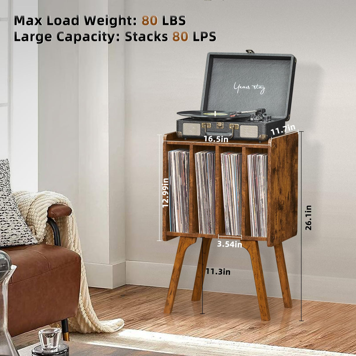 Lerliuo Record Player Stand with Storage Holds Up to 80 Albums, Turntable Stand with Beech Wood Legs, Mid-Century Record Player Table,Brown Vinyl Holder Display Shelf for Bedroom Living Room Lerliuo