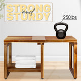 SENSUNIQ Acacia Adjustable Length Shower Stool, 29.5 in Transfer Bench with Storage Shelf, Inside Shower Stool for Shaving Legs, Bath Seat in Bathroom, Inside Shower for Adults Seniors Elderly SENSUNIQ