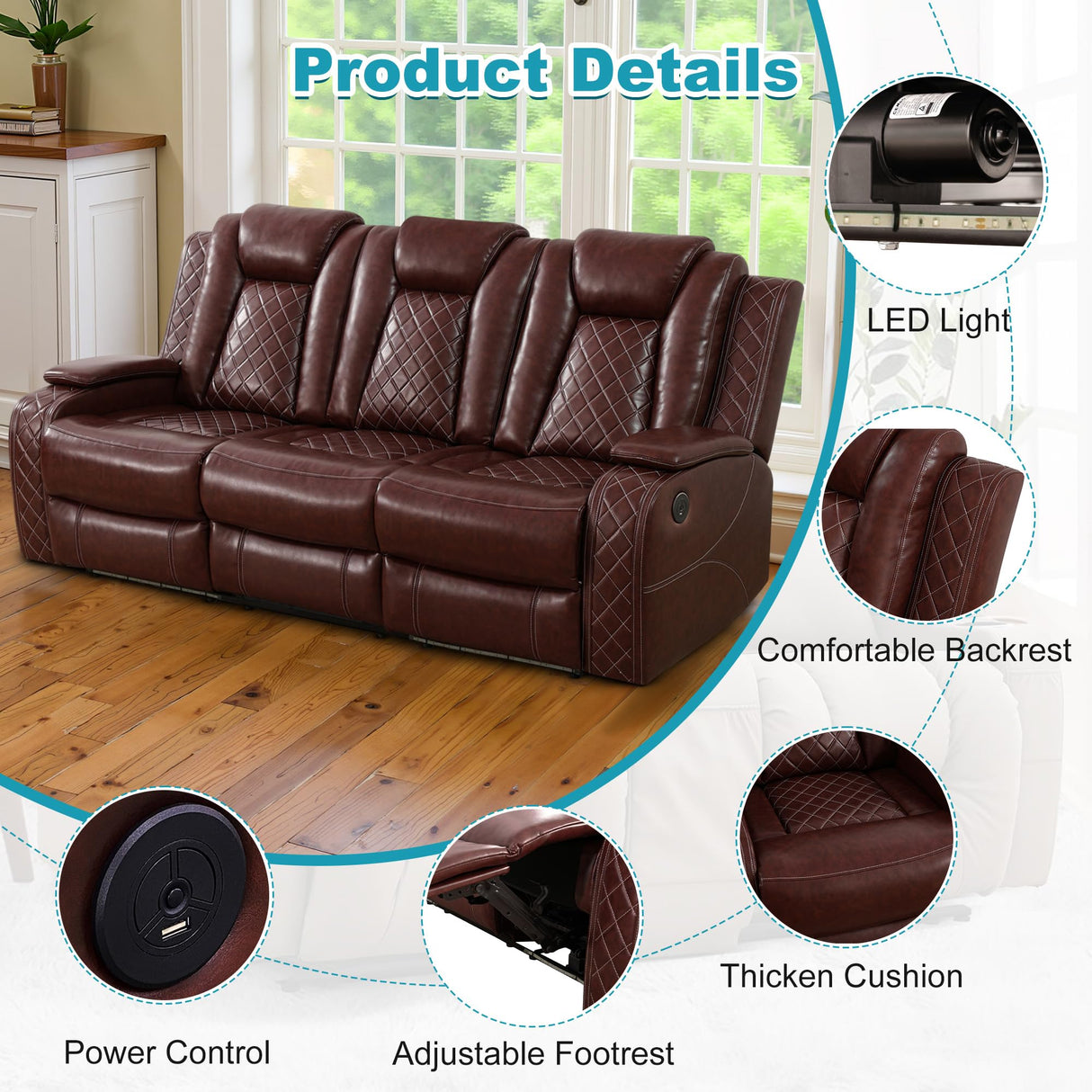 Lyngins 3+2+1 Power Sectional Reclining Sofa Set, Modern Recliner Couch, Loveseat, Chair with USB Ports/LED Lights/Storage Console/Cup Holders, PU Leather Recliner for Living Room, RV Theater, Brown Lyngins