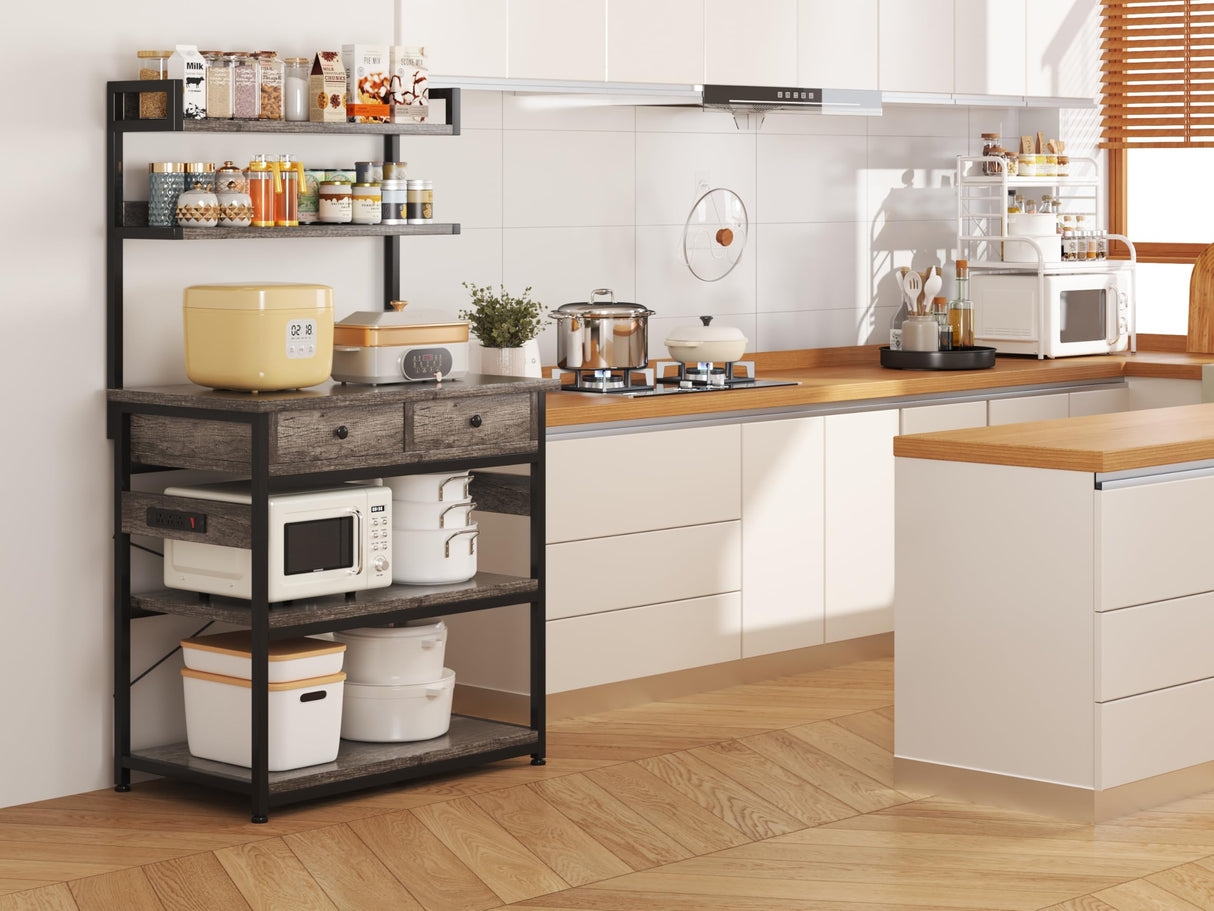 Mexin Bakers Rack with Power Outlets, 5-Tier Microwave Oven Stand with 2 Drawers, Kitchen Stand Coffee Bar Table with Storage, Heavy Duty Kitchen Shelves(Grey) Mexin