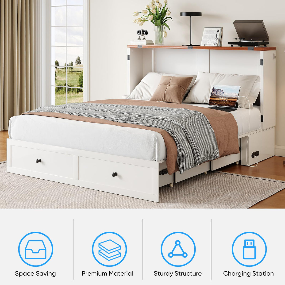 PUREMIND Full Size Murphy Bed Cabinet with Mattress - Solid Wood - Hideaway Chest Beds Frame with Storage Drawers, USB Charging Ports - Space Saving Cabinet Bed for Guest Room PUREMIND