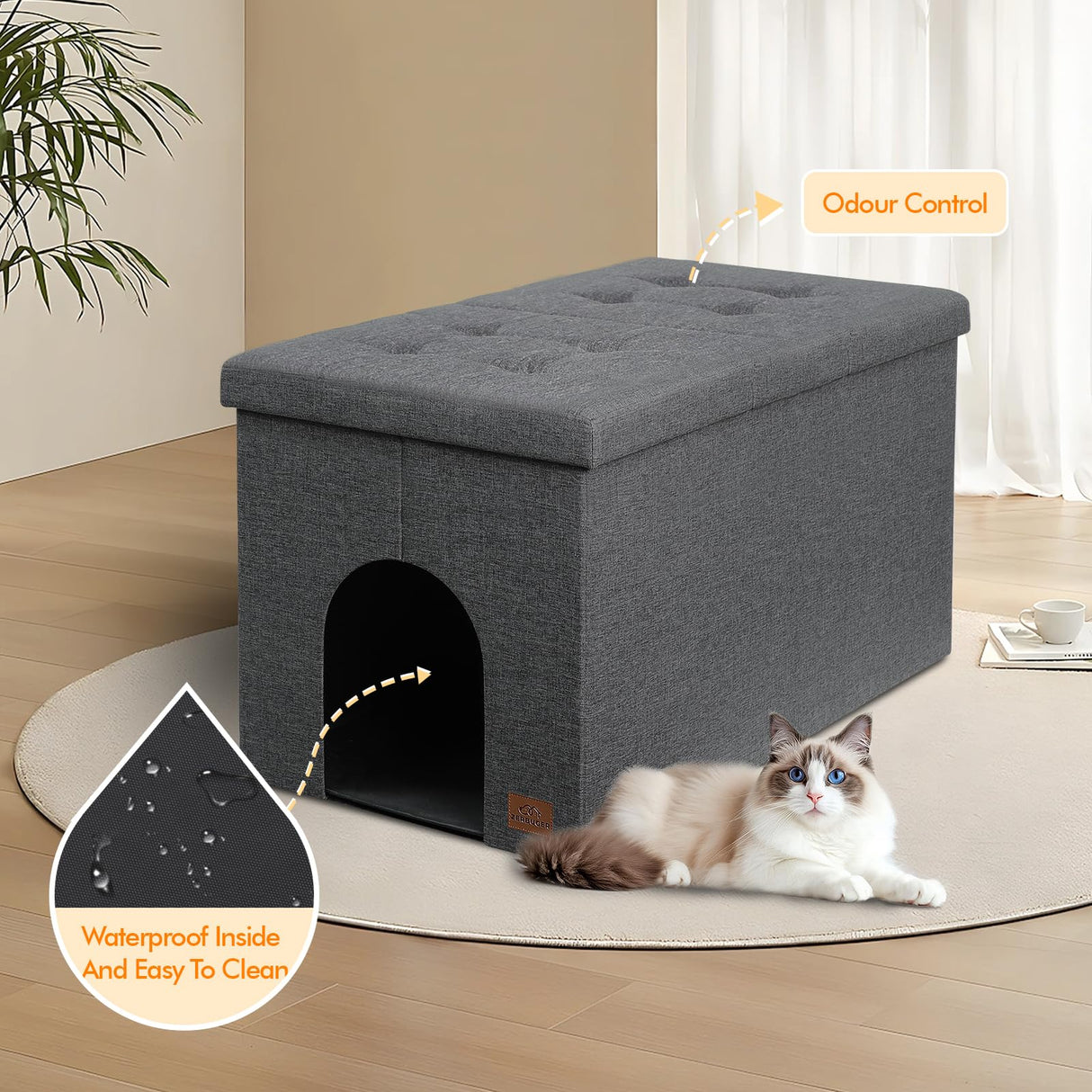 Zerbuger Cat Litter Box Enclosure Furniture for Odor Control, Hidden Cabinet Cats Litter Ottoman with Flip-Up Lid,Cat Litter Box Bench with Storage Space, Dog Proof(Grey, Large) Zerbuger