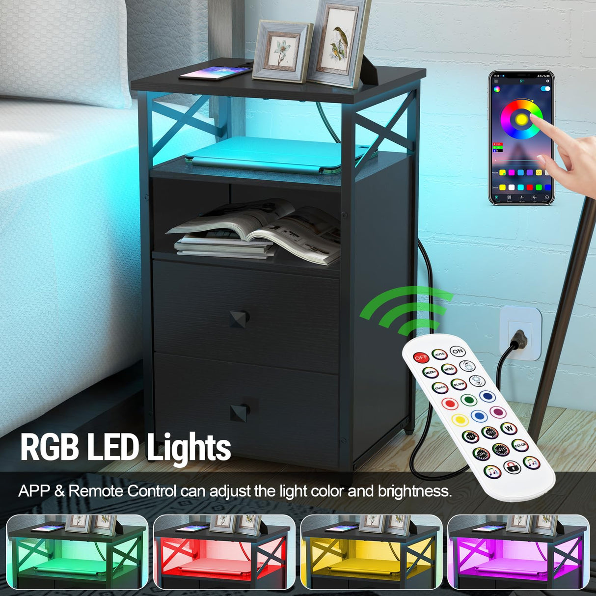 Livofloral End Table Set of 2 with Charging Station, Black Nightstands Set 2 with LED Light and Wireless Charger, Bedside Table with Wooden Drawers, Storage Night Stands for Bedrooms Set of 2 Livofloral