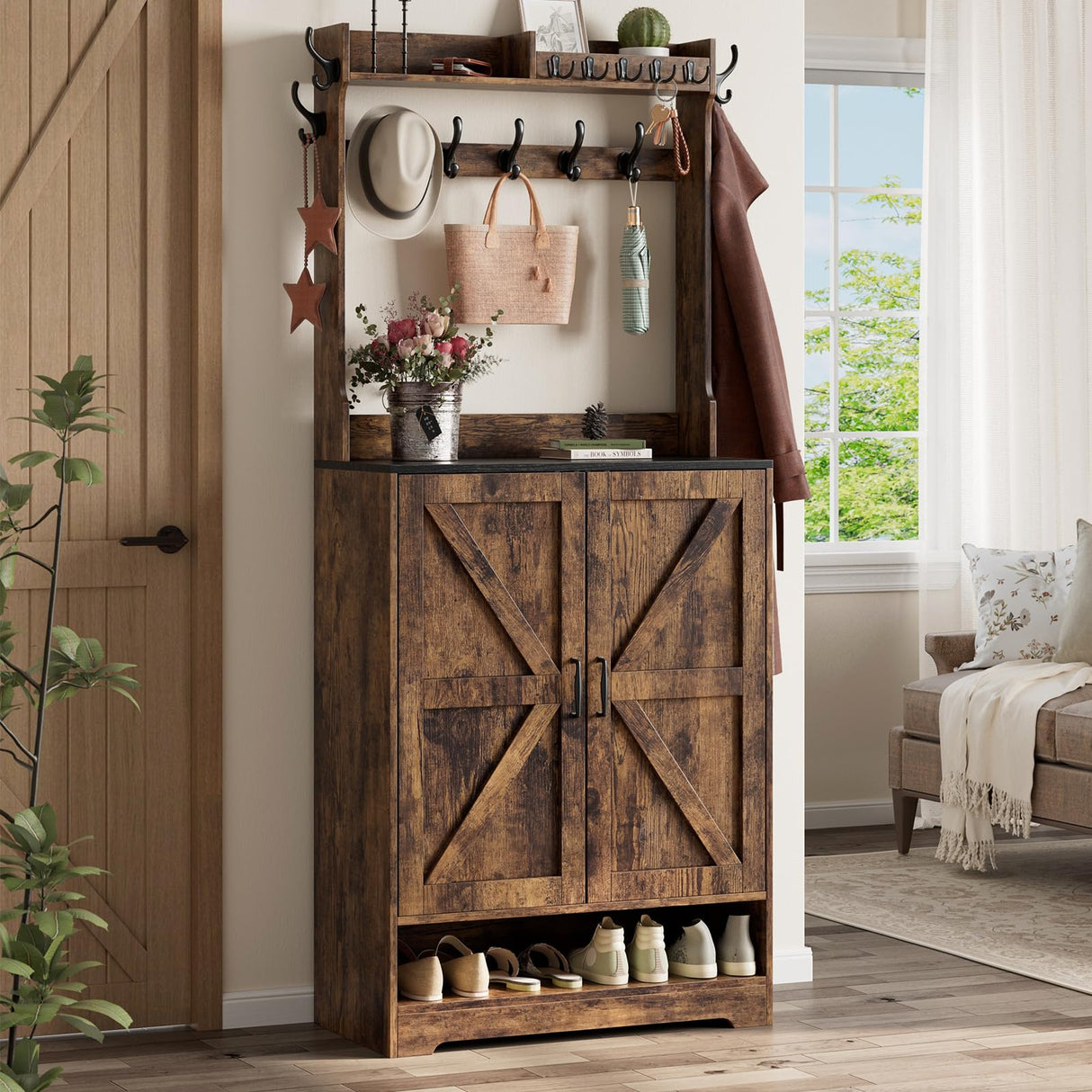 Vantic Farmhouse Hall Tree with Shoe Storage Cabinet, 14 Coat Hooks & 6 Tier Organizer, Rustic Brown Vantic