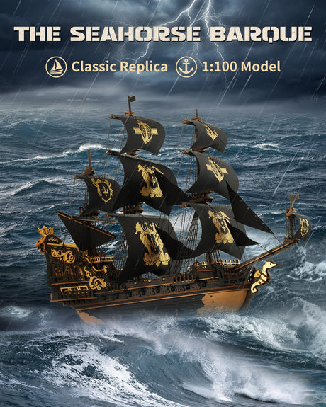 ROKR Seahorse Barque 3D Wooden Puzzle for Adult - Sailboat Model Kit, 603-Piece DIY Assembly, 1:100 Scale Sailboat MCB02 ROKR
