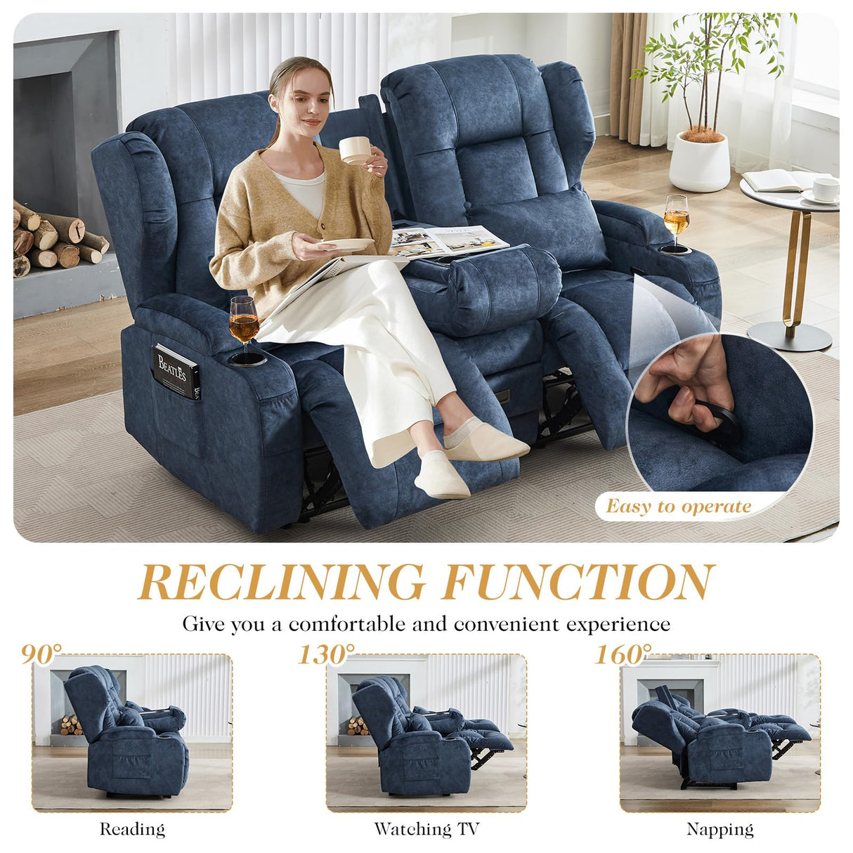TCGBKAF Loveseat Recliner Sofa with Flip-up Console,Reclining Loveseat Sofa Wall Hugger Recliners for Small Spaces,Dual Manual Recliner Couches with Cup Holders for Living Room (Velvet Blue) TCGBKAF