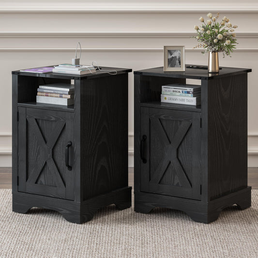 RoyalCraft Farmhouse Nightstand Set of 2 with Charging Station, Wooden End Table, Rustic Night Stand with Storage Cabinet and Shelf, Tall Bedside Table for Bedroom, Living Room, Black - WoodArtSupply