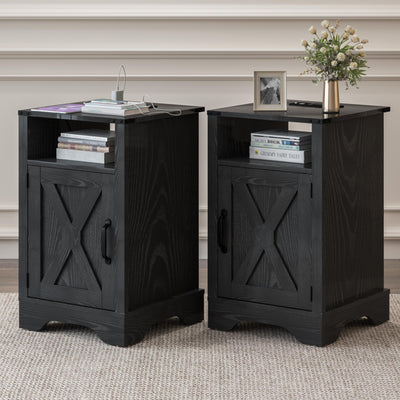 RoyalCraft Farmhouse Nightstand Set of 2 with Charging Station, Wooden End Table, Rustic Night Stand with Storage Cabinet and Shelf, Tall Bedside Table for Bedroom, Living Room, Black