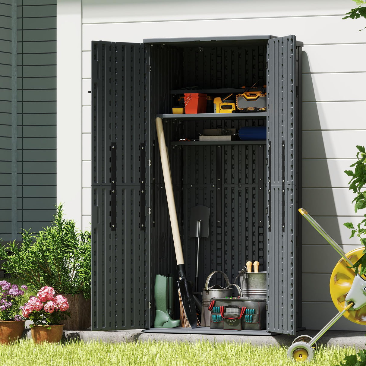 EHHLY Heavy Duty Tall Storage Cabinet Outdoor Weatherproof, 28 Cuft Garage Storage Cabinet with 4 Adjustable Shelves, Lockable Kitchen Pantry Closer Organizer, 31Wx23Lx66H, Sage Grey EHHLY