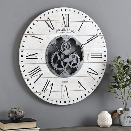 FirsTime & Co. White Shiplap Gears Wall Clock, Large Vintage Decor for Living Room, Home Office, Round, Wood and Plastic, Farmhouse, 27 inches FirsTime