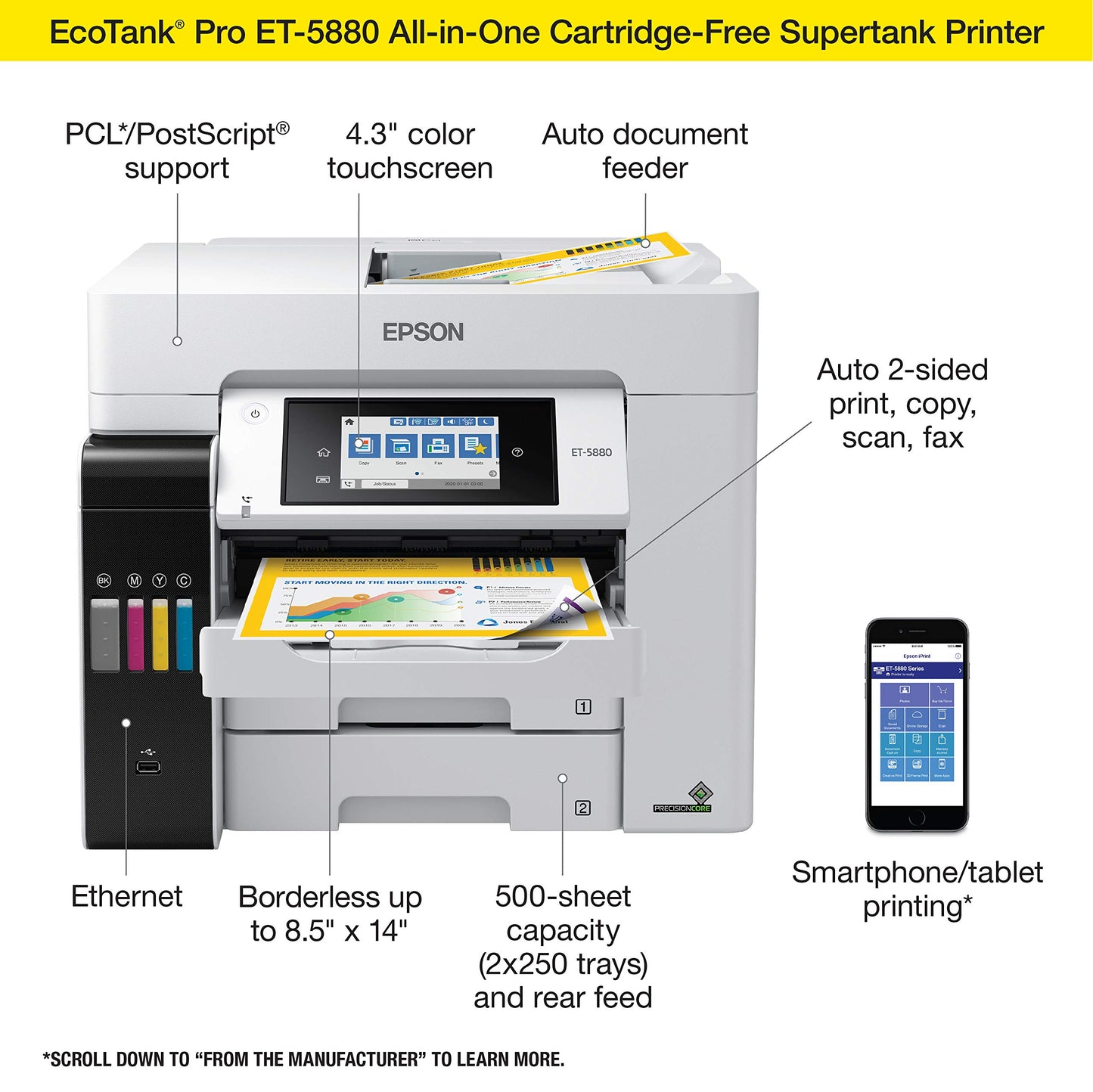 Epson EcoTank Pro ET-5880 Wireless Color All-in-One Supertank Printer with Scanner, Copier, Fax, Ethernet and PCL/Postscript, White