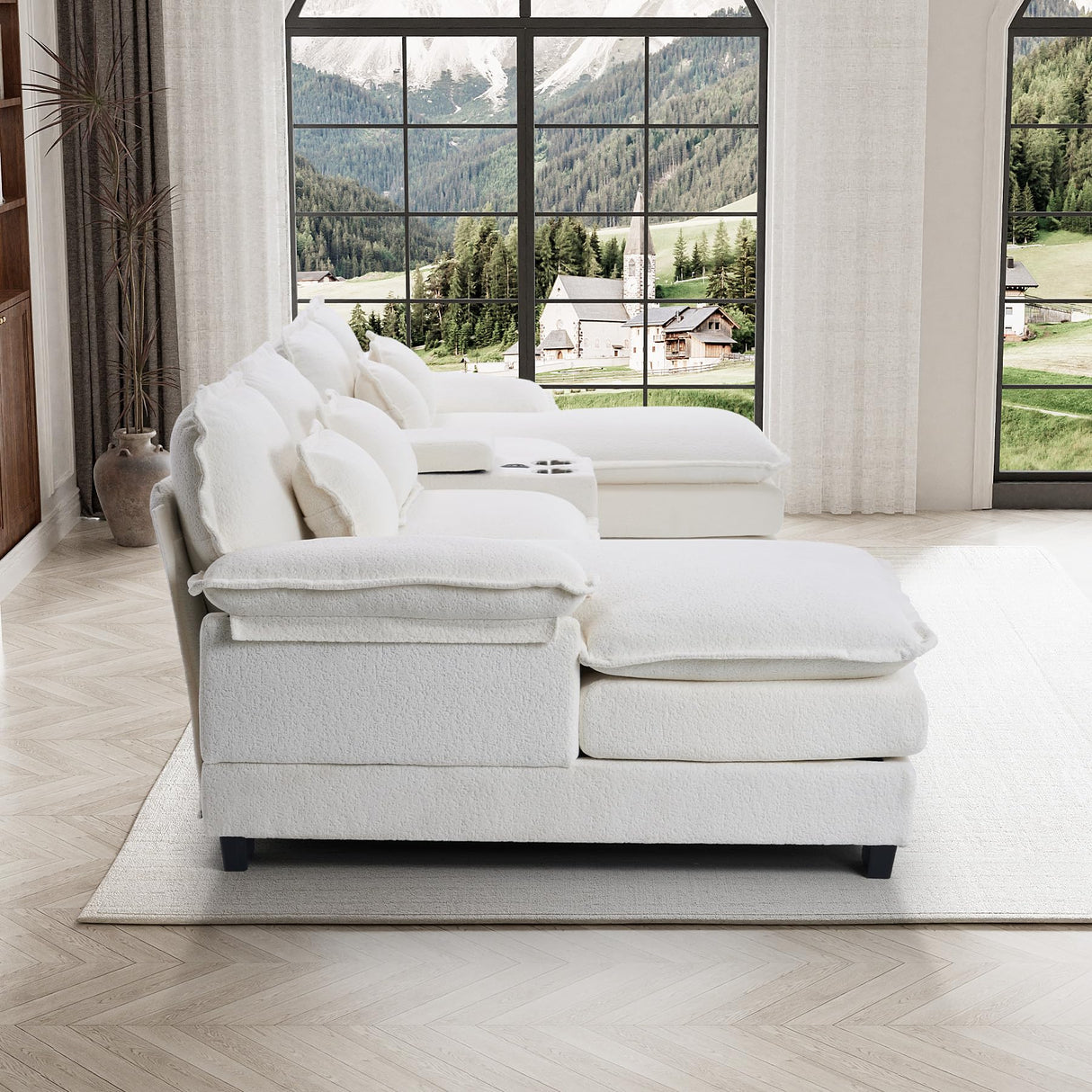 ONEMMLION U Shaped Cloud Couch Sectional Sofa, 124" Comfy Fluffy Chenille White Sectional Couches for Living Room with Double Chaise Lounge, Modern Modular Sectional Sofa with Central Console USB Port ONEMMLION