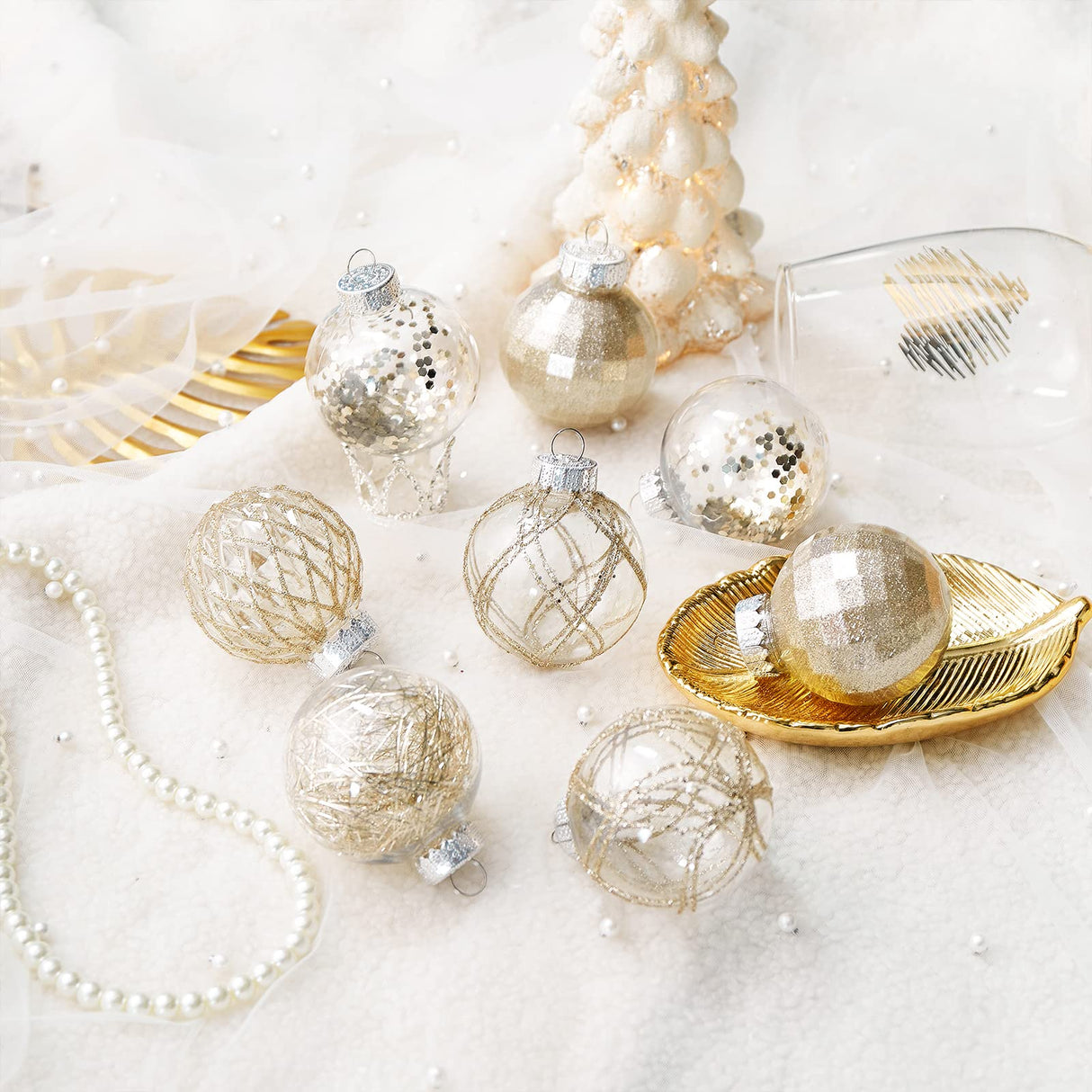 CristBest 30ct Christmas Ball Ornaments-60mm/2.36" Shatterproof Clear Plastic Xmas Balls Baubles Set with Stuffed Delicate Sparkling, Hanging Christmas Tree Decorations (Champagne Gold) CristBest