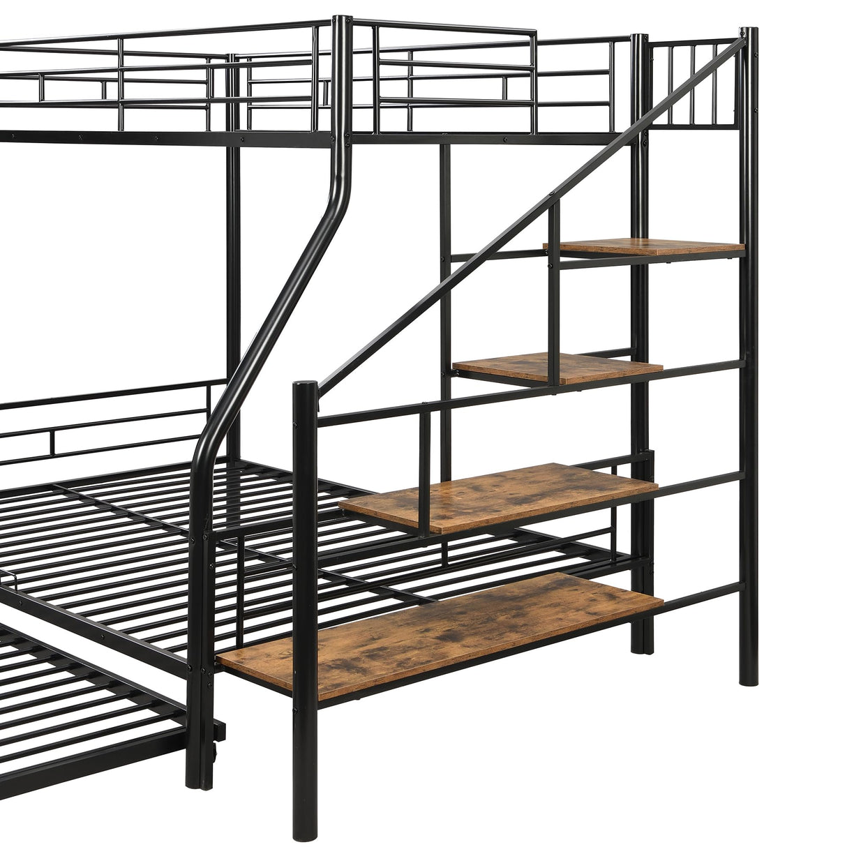 Twin Over Full Bunk Bed with Trundle and Stairs, Metal Bunk Bed with Storage, Black Bellemave
