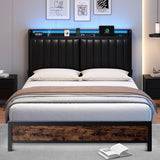 Queen Size Bed Frame with Adjustable Backrest Hidden Storage Headboard, PU Leather Upholstered Queen Bed Frame with Charging Station and LED Lights, Heavy Duty, No Box Spring Needed, Black&Brown Jocoevol