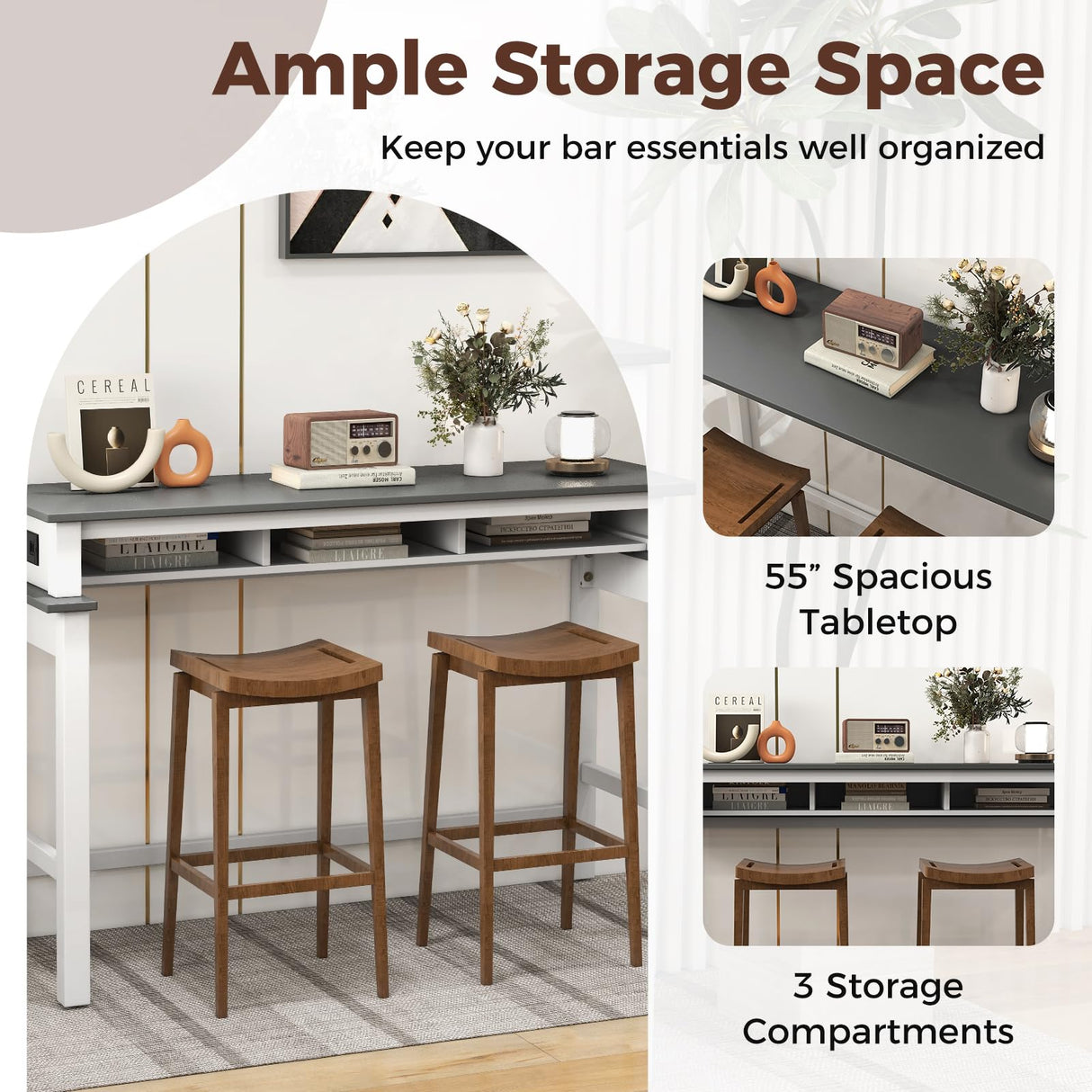 Giantex White and Grey Counter Height Bar Table with Power Outlets and Storage Compartments Giantex