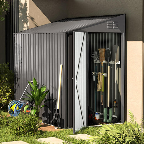 AECOJOY 4' x 6' Lean to Shed, Small Metal Outdoor Storage Shed, Wall Side Sheds & Outdoor Storage Cabinet Clearance, Bike Shed for Garden, Backyard and Outdoor Use in Dark Grey AECOJOY
