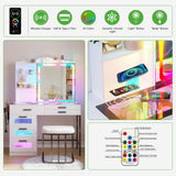 HENBC Vanity Desk with Sliding Mirror and Glass Desktop, LED Vanity Mirror with RGB Lights Desk and Chair, Dressers Vanity Table Set with Charging Station/Makeup Organizer/6 Drawers (White) HNEBC