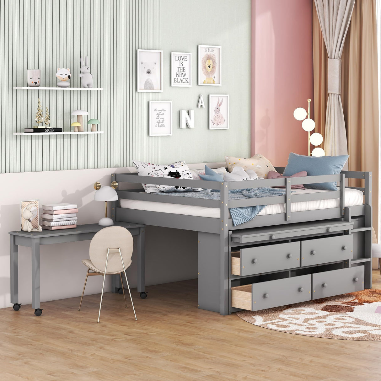 Kids Full Low Loft Bed with Storage, Full Size Loft Bed with Portable Desk and 4 Drawers, Wood Full Loft Bed with Shelves, Modern Farmhouse Junior Loft Bed for Kids Boys Girls, Gray Harper & Bright Designs
