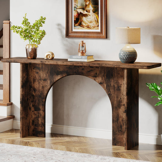 Tribesigns 63-Inch Farmhouse Console Table, Rustic Entryway Table Wood Sofa Wall Table with Curved Arch Brace, Thickened Accent Table for Living Room, Entrance (Rustic Brown) - WoodArtSupply