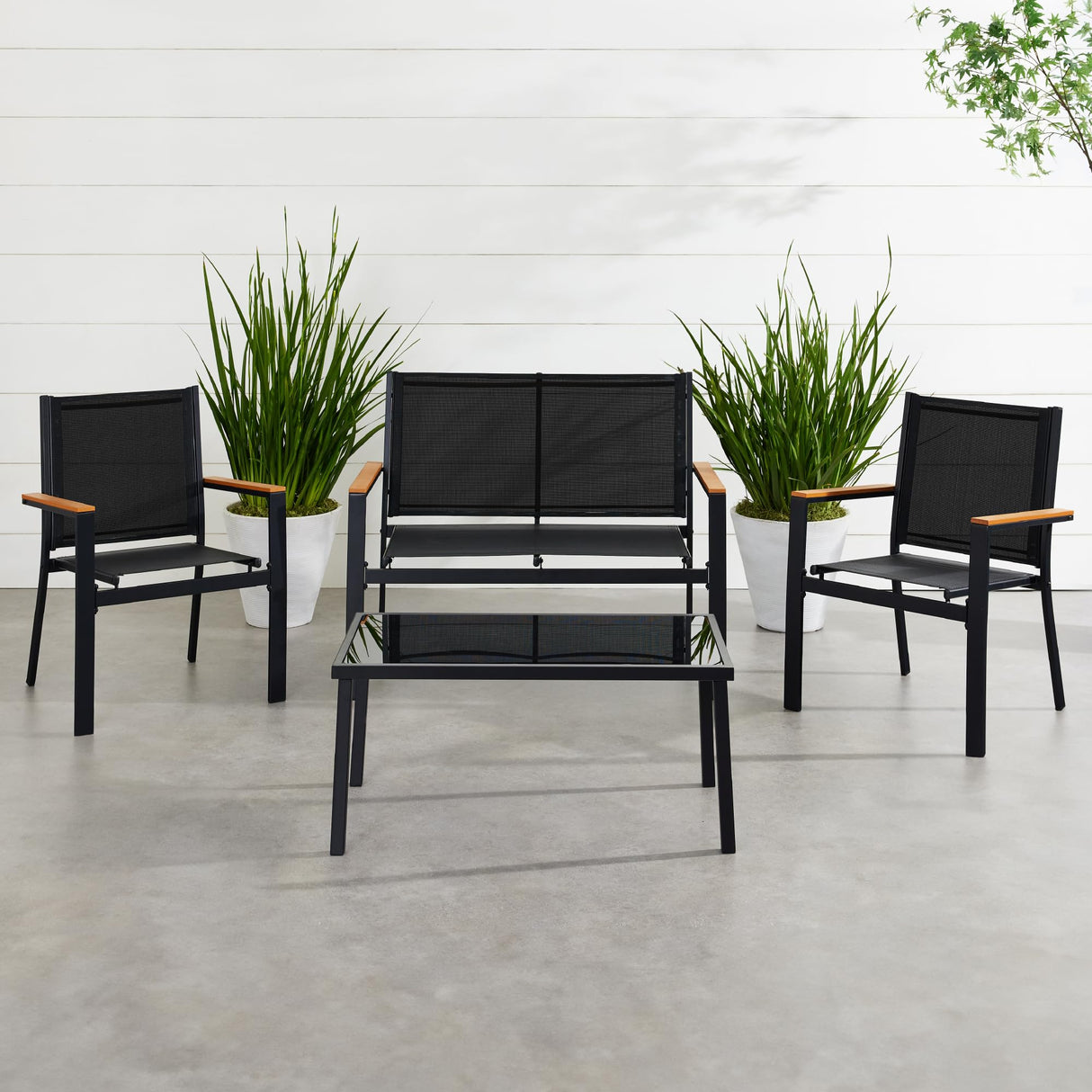 Best Choice Products 4-Piece Outdoor Textilene Patio Conversation Set, Backyard Furniture w/Loveseat, Coffee Table, Steel Frame - Black/Black Best Choice Products