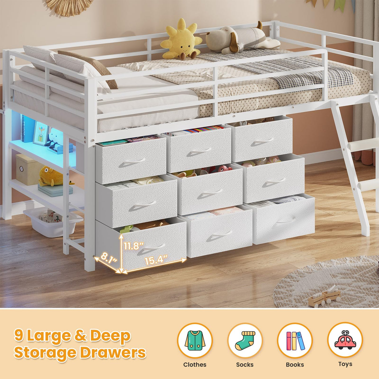 BTHFST Twin Loft Bed for Kids, Low Loft Bed Twin Size with 9 Storage Dresser, LED Lights, 2 Storage Shelves & Stairs, Metal White Bed with Safety Guardrail for Young Teens, Space Saving, White BTHFST