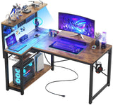 Homieasy Small Gaming Desk with Power Outlets Pegboard LED Light, 43 Inch L Shaped Computer Desk with Monitor Stand Storage Shelves, Reversible Corner Desk with Headset Hooks, Rustic Brown Homieasy