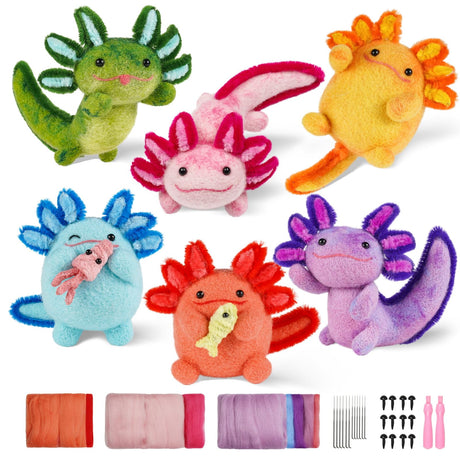MOREJMTT Needle Felting Kit, 6 PCS Farm Animal Needle Felting Beginner Kits, Wool Felt Needle Felting Tools Foam Pad, Craft Party Supplies for Beginners Adult(6pack Axolotl) MOREJMTT