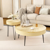 COSTWAY Farmhouse Round Coffee Table Set of 2, Rustic Sofa Side Tea Tables w/Wood Finish, Metal Frame, Adjustable Foot Pads, Nesting End Table Set for Living Room (Radial Pattern, Light Natural) COSTWAY