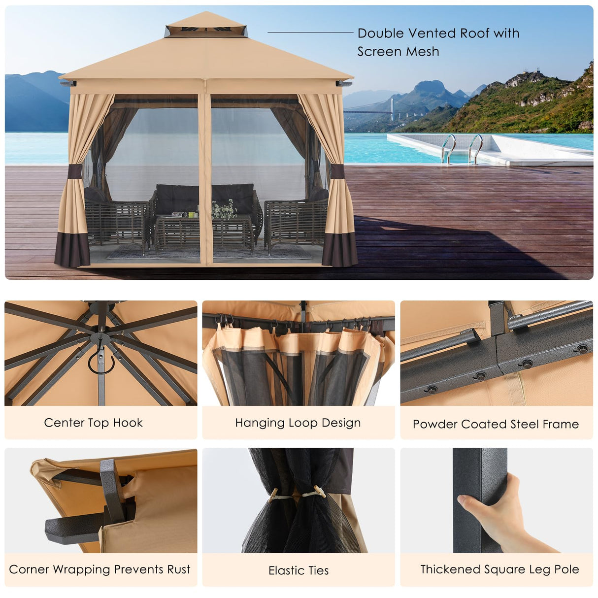 MASTERCANOPY 10x10FT Outdoor Patio Gazebo with Double Roofs, Mosquito Netting and Privacy Screens for Backyard, Garden, Lawn, Beige MASTERCANOPY