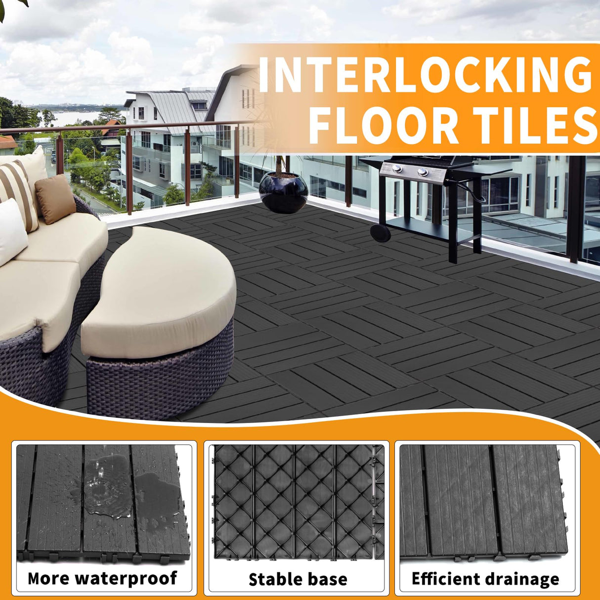 Cozurra Deck Tiles, 44 PCS Interlocking Deck Tiles, 12"x12" Waterproof Plastic Outdoor Flooring Patio Tiles for Balcony, Backyard, Indoor & Outdoor Use, All-Weather Patio Flooring, Dark Gray, 44 sq.ft Cozurra