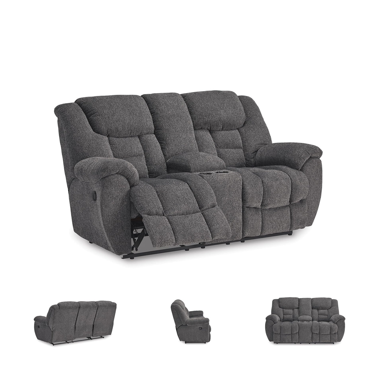 Signature Design by Ashley Foreside Contemporary Stain Resistant Manual Double Reclining Loveseat with Console, Storage and Cup Holders, Gray Signature Design by Ashley