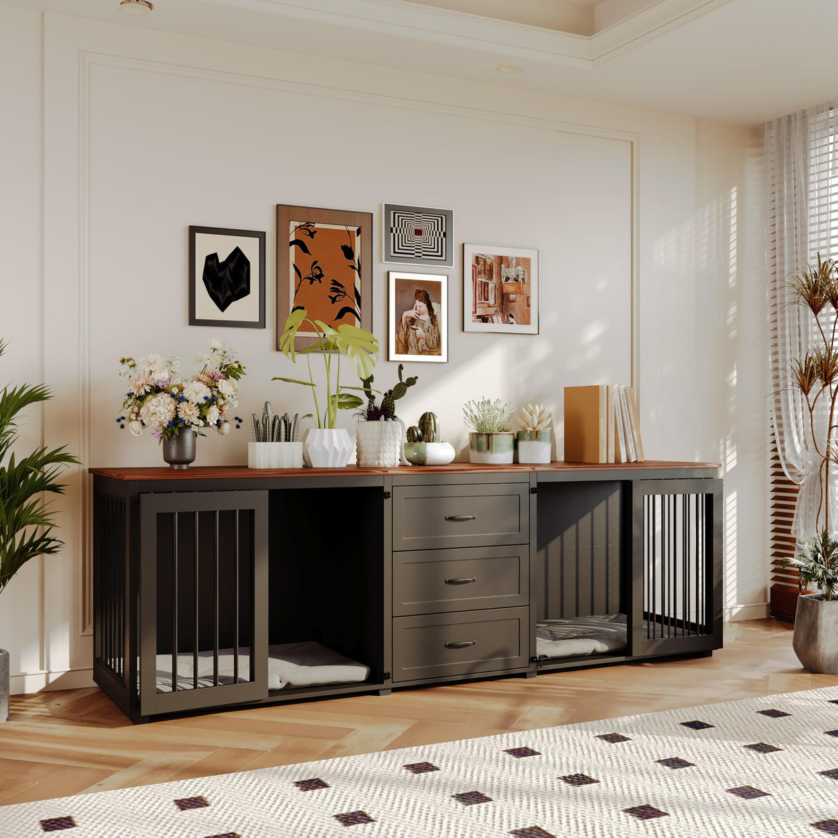 Furniture Style Dog Crate - Farmhouse Wooden Dog Kennel Furniture with 3 Drawer, Double Doors with Locks, 95"x23"x32"H, Black MOWPEX