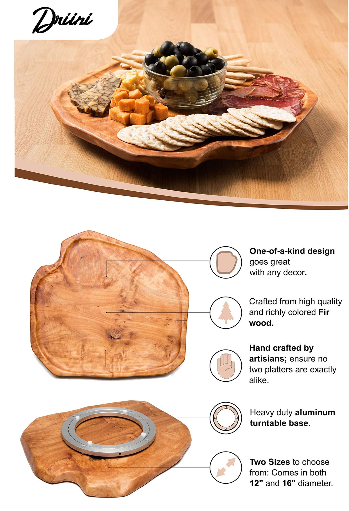 Driini Premium Handmade Root Wood Lazy Susan Turntable Organizer - Rustic Wooden Serving Platter Cheese Board (12") Driini