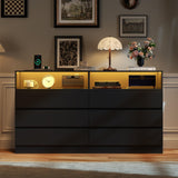 STIKELY 6 Drawer Dresser for Bedroom with Power Outlet, Black Dressers with LED Light, Dresser Chest of Drawers for Closet,Wooden Dressers Organizer Cabinet for Living Room,Entryway, Hallway STIKELY