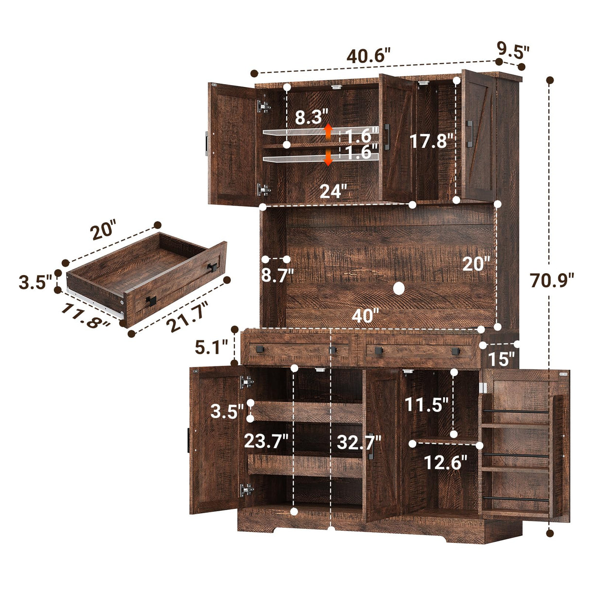 ELYKEN 71" Tall Ktchen Pantry Cabinet with Charging Station & LED Lights, Farmhouse Kitchen Hutch Cabinet with Microwave Stand & Large Countertop for Dining Room Living Room, Brown ELYKEN