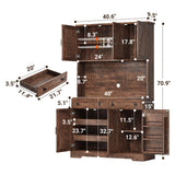 ELYKEN 71" Tall Ktchen Pantry Cabinet with Charging Station & LED Lights, Farmhouse Kitchen Hutch Cabinet with Microwave Stand & Large Countertop for Dining Room Living Room, Brown ELYKEN