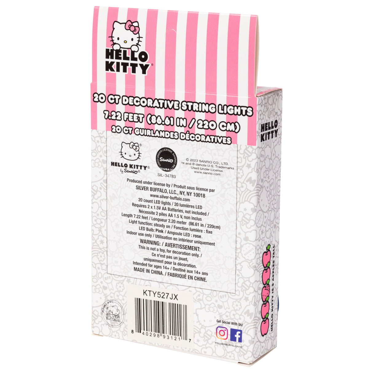 Silver Buffalo Hello Kitty Face with Pink Bow 20ct Decorative String Lights, 7 Feet Long, Battery Powered, Warm White LED Silver Buffalo
