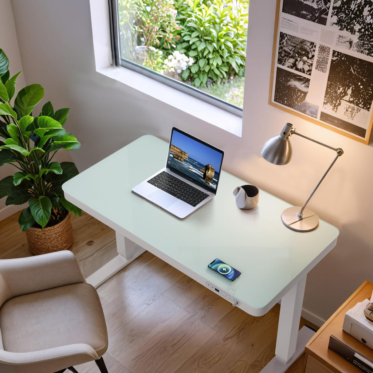 Furmax Glass Standing Desk with Drawer 48 x 24 Inch Adjustable Height Stand up Desk One-Piece Board Pre-Assembled Home Office Computer Desk with USB Ports, Glass Top Furmax