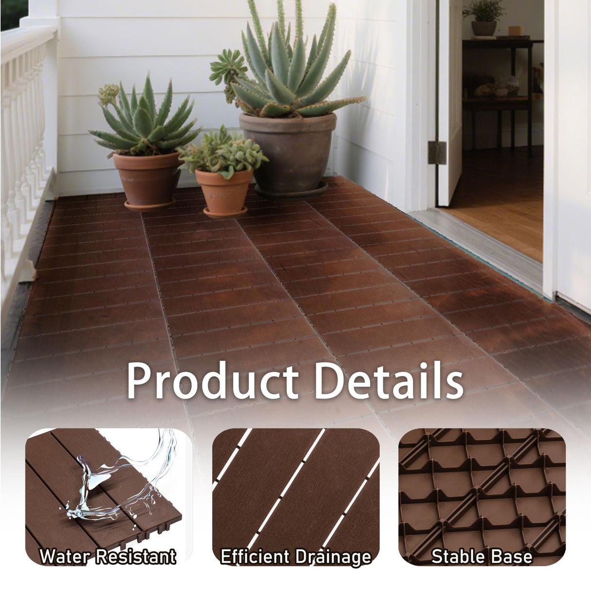 76 Pack Interlocking Deck Tiles, 11.42"x11.42" (68.80 Sq.Ft), 3D Wood Grain Plastic, Waterproof All-Weather Anti-Slip Outdoor Flooring, Easy-Snap Patio Balcony Backyard Garden Tiles, Brown UXENAFANA