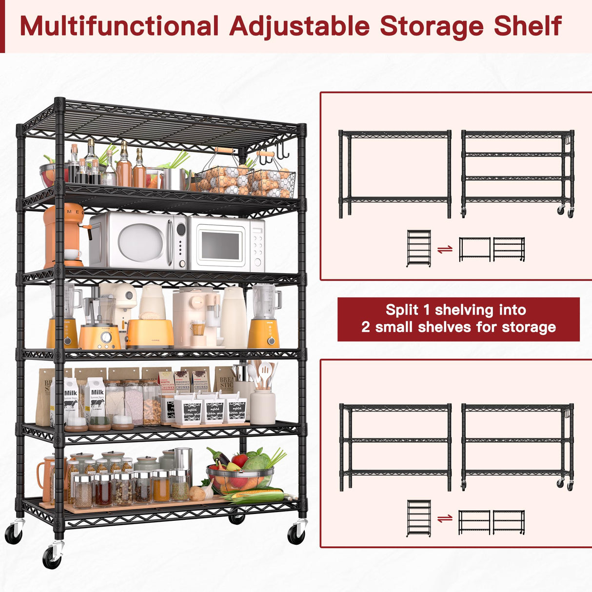 PrimeZone 6 Tier Wire Shelving with Wheels 79''H 1500lbs Storage Shelves NSF Certified Heavy Duty Steel Metal Shelf Adjustable Rolling Rack Kitchen Garage Closet Pantry Laundry 79''HX36''WX16''D PrimeZone