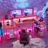Bestier 71.5 inch Gaming Desk with Power Outlet, Large LED Computer Desk with Monitor Stand, L Shaped Desk with Storage Shelf, Cup Holder & Headset Hooks, Corner Gamer Desk for Bedroom Pink Bestier