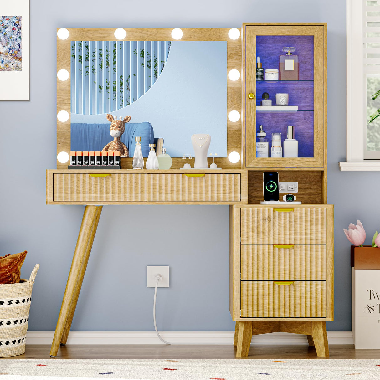 Fluted Vanity Desk with Mirror and Lights, 45" Glass Top Makeup Table Set with 5 Drawers, Power Outlet & Storage Cabinet, Large Dressing Table with RGB Ambient Light for Bedroom Women Girls, Oak Xixini